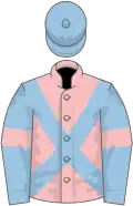 Pink, light blue cross belts, light blue sleeves, pink armlets, light blue cap