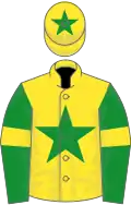 Yellow, green star, green sleeves, yellow armlets, yellow cap, green star