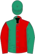 Red and emerald green halved, sleeves reversed, emerald green cap