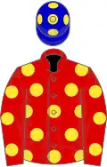 Red, yellow spots, blue cap, yellow spots