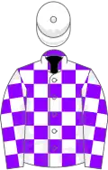 Violet and white checked, white cap