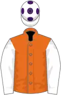 Orange, white sleeves, white cap, purple spots