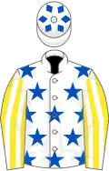 White,royal blue stars,yellow and white striped slvs,white cap,blue diamonds