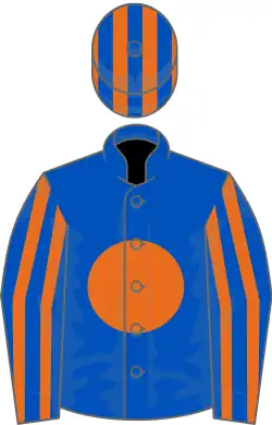 Royal blue, orange disc, striped sleeves and cap