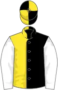Black and yellow halved, quartered cap, white sleeves