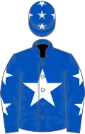 Royal blue, white star, royal blue sleeves, white stars and stars on cap