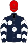 Dark blue, large white spots, chevrons on sleeves, red cap