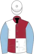 Maroon and white (quartered), light blue sleeves, white cap