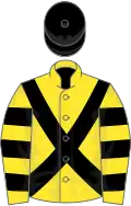 Yellow, black cross belts, hooped sleeves, black cap