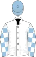 White, light blue and white check sleeves, light blue cap