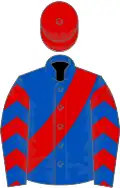Royal blue, red sash, chevrons on sleeves, red cap