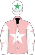 Pink, white star, white sleeves, pink stars, white cap, emerald green star