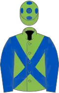 LIGHT GREEN, royal blue cross sashes and sleeves, light green cap, royal blue spots