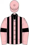 Pink and black stripes, pink sleeves, black armlets, pink cap