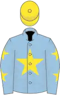 Light blue, yellow star, light blue sleeves, yellow stars, yellow cap