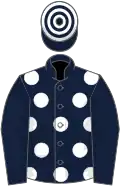 Dark blue, white spots, blue sleeves, hooped cap