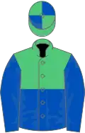Emerald Green and Royal Blue (halved horizontally), Blue sleeves, quartered cap