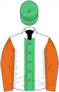 White, emerald green stripe, orange sleeves, emerald green cap
