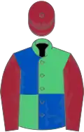 Emerald Green and Royal Blue (quartered), Maroon sleeves and cap