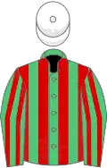 Emerald green and red stripes, white cap