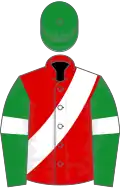 Red, white sash, green sleeves, white armlets, green cap