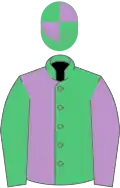Emerald green and mauve (halved), sleeves reversed, emerald green and mauve quartered cap