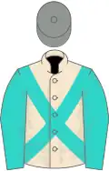 Champagen, turquoise cross-belts and sleeves, grey cap