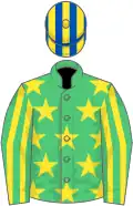 Emerald green, yellow stars, striped sleeves, royal blue and yellow striped cap