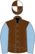 Brown, light blue sleeves, brown and white quartered cap