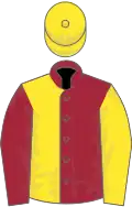 Maroon and yellow (halved), sleeves reversed, yellow cap