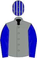 Grey, royal blue sash, sleeves and cap