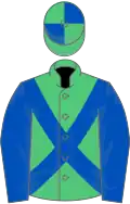 Emerald green, royal blue cross sashes, royal blue sleeves, quartered cap