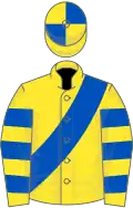 Yellow, Royal Blue sash, Yellow and Royal Blue hooped sleeves, quartered cap