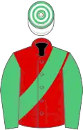 RED, emerald green sash and sleeves, white and emerald green hooped cap