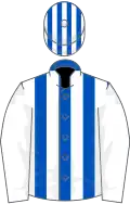 Royal blue and white stripes, white sleeves