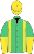 Emerald green, yellow braces, halved sleeves, yellow cap