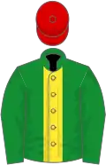 Green, yellow stripe, green sleeves, red cap