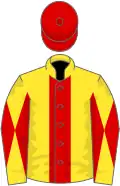 Yellow, red stripe, diabolo on sleeves, red cap