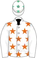 WHITE, orange stars, white sleeves, white cap, emerald green stars