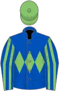 Royal blue, light green triple diamond, striped sleeves, light green cap