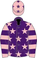 Purple, pink stars, pink and purple hooped sleeves, pink cap, purple stars