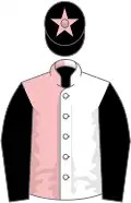 Pink and white halved, black sleeves, black cap, pink star