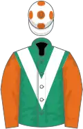 Emerald green, white chevron, orange sleeves, white cap, orange spots