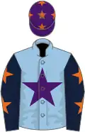 Light blue, purple star, dark blue sleeves, orange stars, purple cap, orange stars