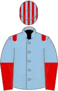 Light blue, red epaulets, halved sleeves, light blue and red striped cap