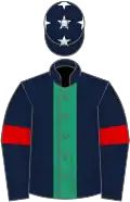 Dark blue, emerald green panel, red armlet, dark blue cap, white stars