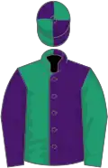 Purple, emerald green (halved), reversed sleeves, quartered cap
