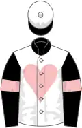 White, pink heart, black collar, black sleeves, pink armlets, white cap, black peak