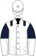 White, dark blue epaulets, dark blue and white halved sleeves