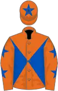 Orange and royal blue diabolo, royal blue stars on sleeves, royal blue star on cap